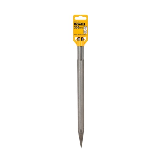 A DEWALT pointed chisel SDS plus, 300mm length, shown vertically with yellow packaging at the top indicating product details.