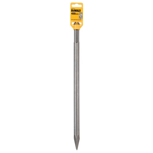 A DEWALT branded 400mm pointed SDS-Plus chisel designed for use with rotary hammer drills, shown vertically with packaging label at the top.