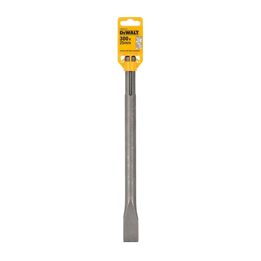 DEWALT SDS Max chisel, 300x25mm, with yellow packaging, upright on white background.