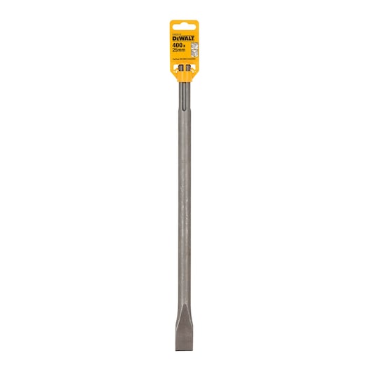 DEWALT SDS chisel, 400mm length and 25mm width, silver finish, vertical with yellow branded packaging.