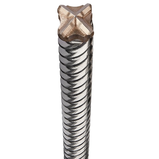 Close-up of a DEWALT DT60801 masonry drill bit with a cross-shaped carbide tip and a spiral grooved metal shaft, designed for drilling into concrete and stone surfaces.