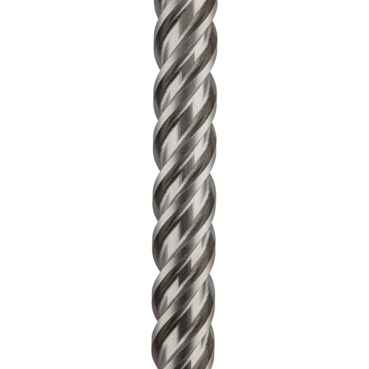 Close-up of a metal drill bit with a spiral design against a white background.