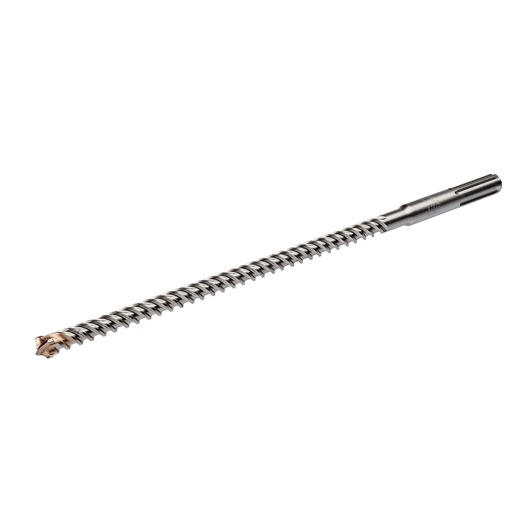 Long spiral DEWALT drill bit with carbide tip shown on white background.