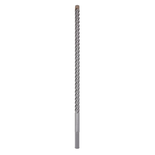 Long, silver masonry drill bit with spiral fluting, used for drilling concrete or stone surfaces.
