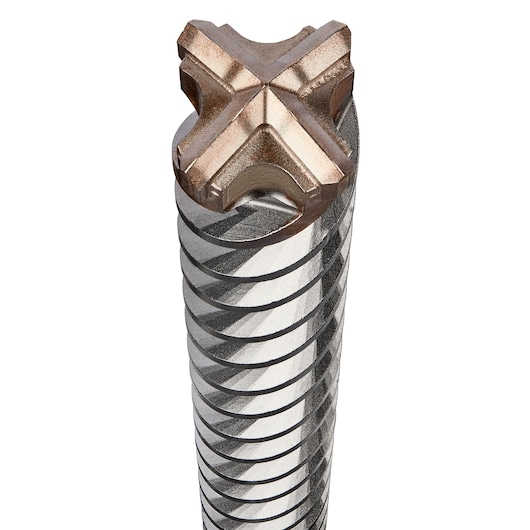 Close-up of a DEWALT DT60817 masonry drill bit with a cross-shaped carbide tip and spiral fluting.