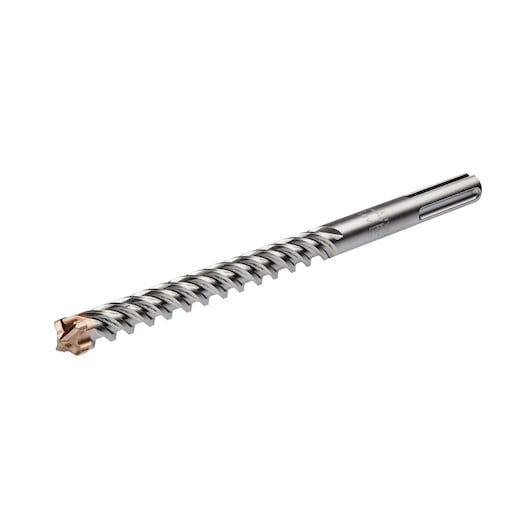 Metal DEWALT drill bit with spiral structure and carbide tip, isolated on white background.