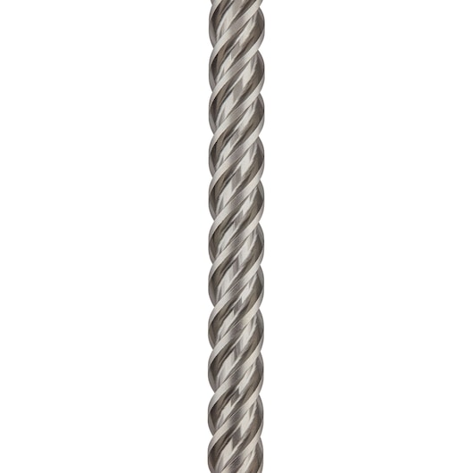 Close-up image of a metallic spiral drill bit with a twisted design, shown vertically against a white background.