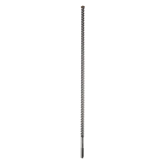 A long, metal spiral drill bit with a pointed tip and smooth shaft, photographed vertically against a white background.