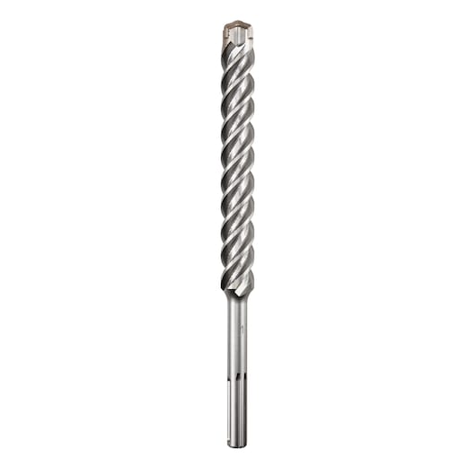 A metal masonry drill bit with a twisted design and SDS shank, used for drilling into concrete and stone surfaces.