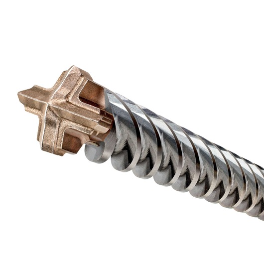 Close-up image of a DEWALT DT60830 masonry drill bit with a four-cutter carbide tip and spiral fluted design.