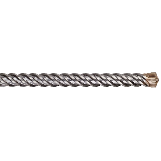 Close-up of a DEWALT rotary hammer drill bit with a spiral flute design and carbide tip, designed for drilling into concrete and masonry.