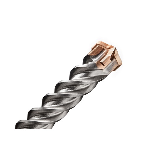 Close-up of a DEWALT drill bit with twisted steel shaft and copper tip, isolated on white background.