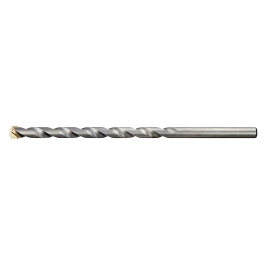 A metal masonry drill bit with a carbide tip, shown horizontally against a white background.