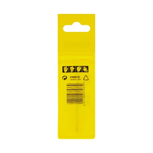 Back view of a DEWALT DT6504 product in yellow packaging, featuring safety icons, barcode, and recycling symbols.
