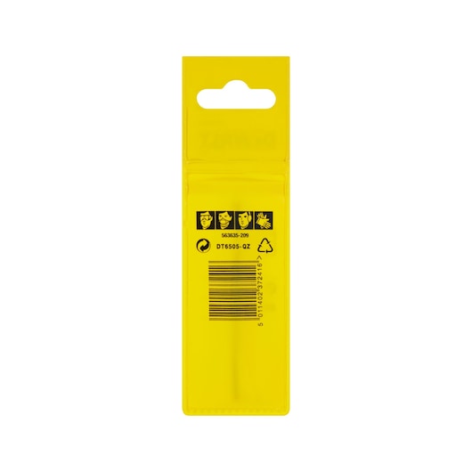 Yellow DEWALT DT6505 product packaging with barcode and safety icons, viewed from the back on white background.