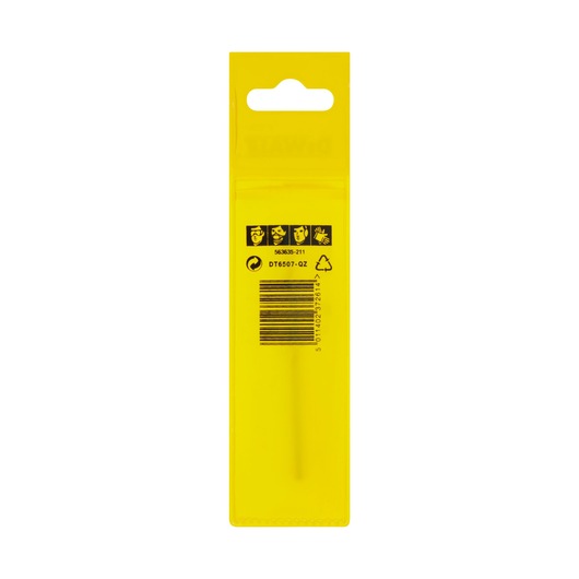 Back view of a DEWALT DT6507 product in yellow packaging, featuring a barcode, recycling symbol, and safety instructions icons.