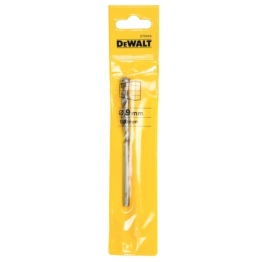 A DEWALT DT6509 masonry drill bit, 9mm diameter and 120mm length, packaged in a yellow plastic wrapper.