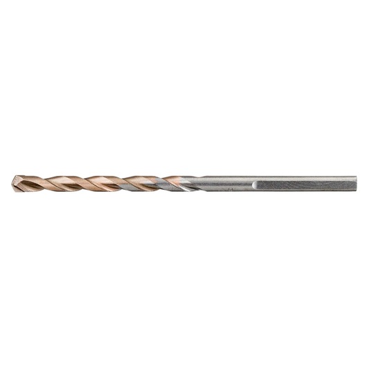 A close-up image of a metal drill bit with a hex shank, featuring a twisted design for drilling purposes, photographed against a white background.