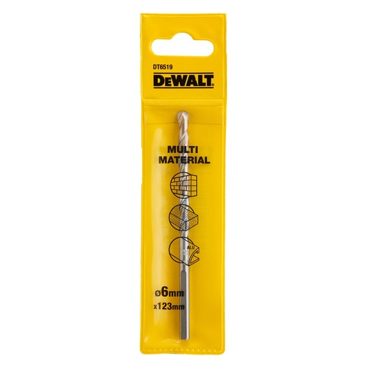 A DEWALT DT6519 multi-material drill bit in yellow packaging, labeled 6mm x 123mm, suitable for various materials.
