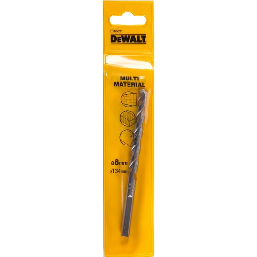 A packaged DEWALT multi-material drill bit, model DT6522, in yellow plastic packaging. The bit measures 8mm x 134mm and is designed for use with various materials. The DEWALT logo and product information are visible on the packaging.