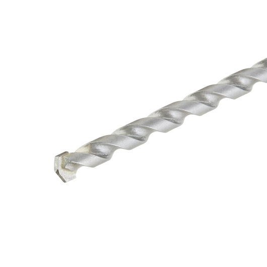 Close-up of a silver DEWALT masonry drill bit with spiral groove and chisel tip, isolated on a white background.