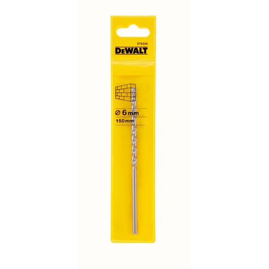 DEWALT DT6556 masonry drill bit in yellow packaging, 6mm diameter, 150mm length, shown upright.