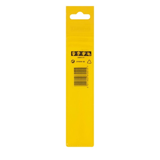 Back of yellow DEWALT DT6556 packaging with barcode and safety icons, photographed upright on white.