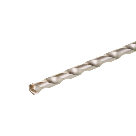 Hexagonal metal drill bit with a twisted design shown on a white background.