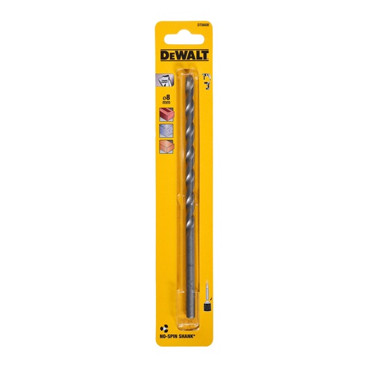 DEWALT DT6608 8 mm masonry drill bit in yellow packaging designed for brick, stone, and concrete, featuring no-spin shank.