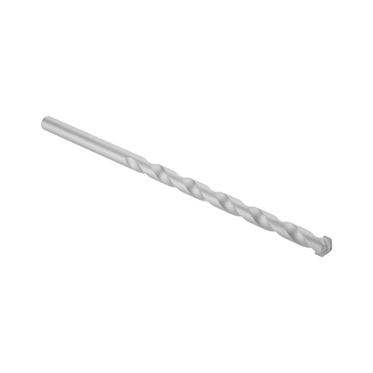 Single silver-colored masonry drill bit with spiral fluting, isolated on a white background.
