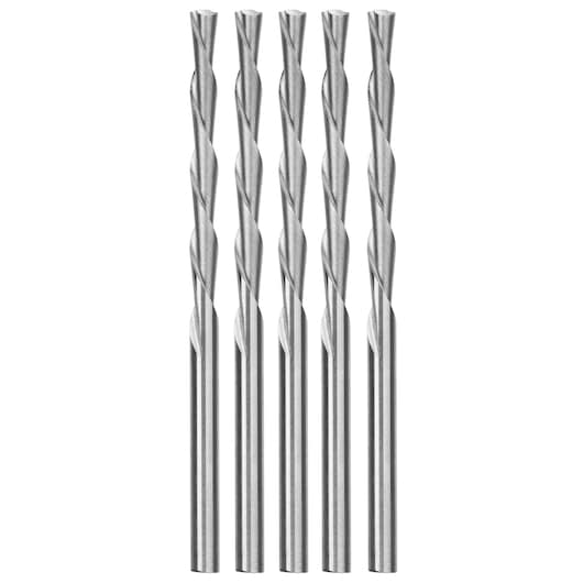 Five silver DEWALT drill bits are shown standing upright side by side on a white background.