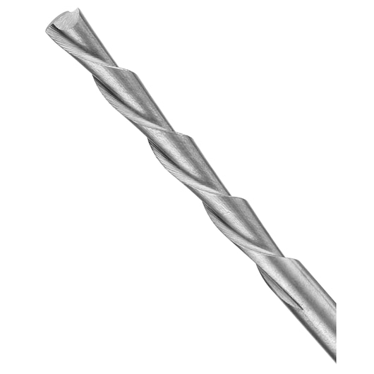 Close-up of a metal drill bit with spiral grooves, isolated on a white background.
