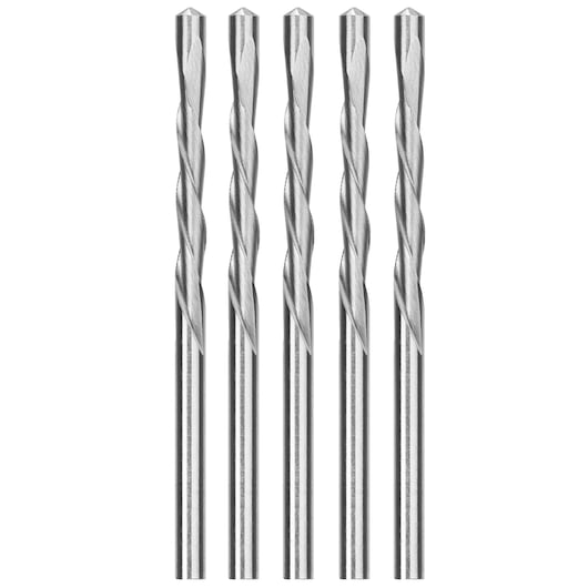Five silver DEWALT drill bits arranged upright in a row on a white background.