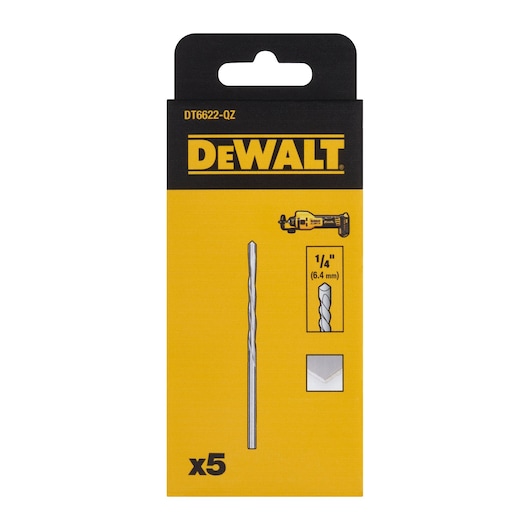 DEWALT DT6622-QZ package containing five 1/4 inch (6.4 mm) drill bits for rotary tools, shown on a yellow and black box.