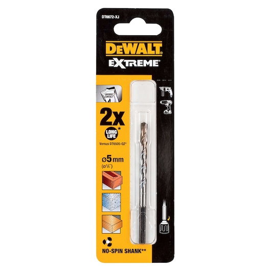A DEWALT Extreme drill bit (DT6672) in retail packaging. The packaging displays a 5 mm diameter drill bit designed for long life and shows icons indicating it can be used for brick, stone, and wood. Features include no-spin shank and compatibility with power drills.