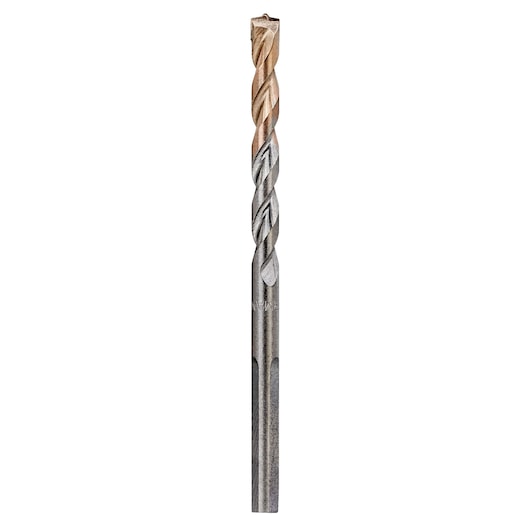 Single DEWALT masonry drill bit with spiral design and metal shank, shown vertically on white background.