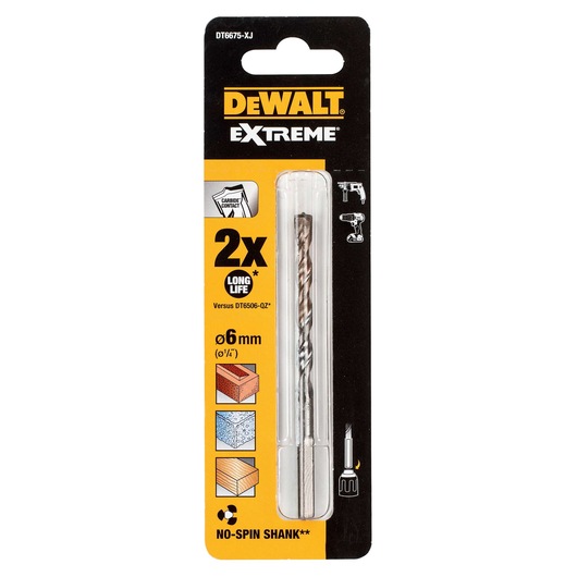 DEWALT Extreme drill bit, 6mm, packaged with icons showing use for brick, concrete, and wood.
