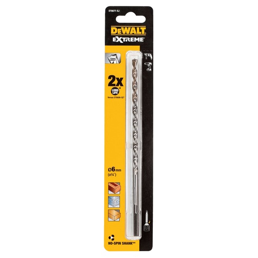 DEWALT Extreme drill bit DT6677 in retail packaging, 6mm size for wood, metal, and masonry.
