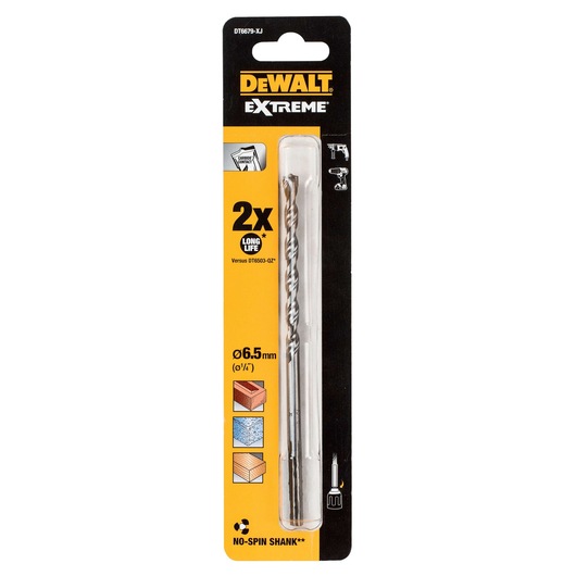 Packaged DEWALT Extreme masonry drill bit, model DT6679, 6.5mm diameter, for use with brick, concrete, and wood, shown in black and yellow branded packaging.