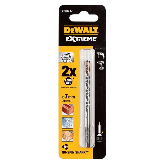 DEWALT Extreme drill bit in retail packaging, model DT6680, 7mm diameter. Packaging highlights long life, carbide contact tip, no-spin shank, and use for brick, concrete, wood, and for use with drills.