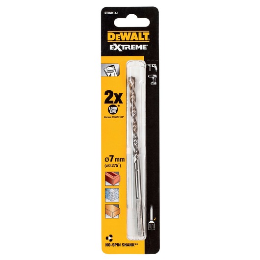 DEWALT Extreme 7mm drill bit in packaging, suitable for masonry, stone, wood, and metal. SKU DT6681.