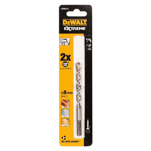 DEWALT EXTREME drill bit DT6682-XJ packaged in a black and yellow blister pack. The drill bit is 8 mm in diameter and designed for masonry, stone, and wood materials. Packaging highlights features such as 2x long life and no-spin shank.