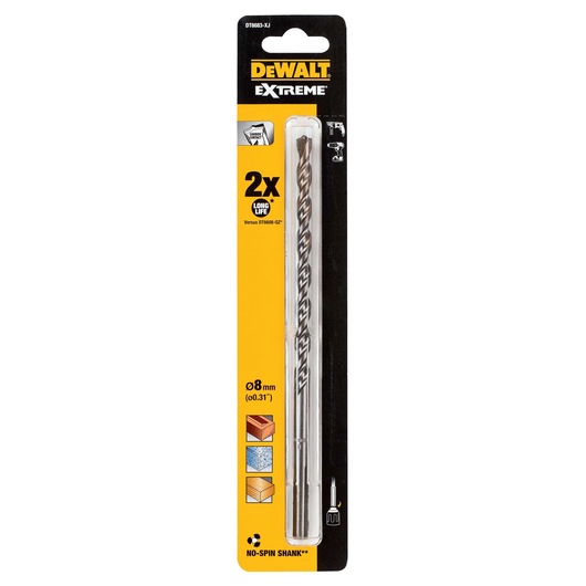 DEWALT Extreme DT6683 drill bit, 8mm, in packaging. For wood, brick, concrete. No-spin shank feature.