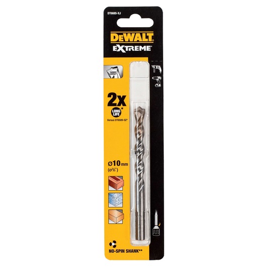 Packaged DEWALT Extreme drill bit, model DT6685-XJ, with 10 mm diameter for masonry, concrete, and brick, showing features such as 2x long life and no-spin shank.