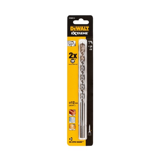 DEWALT Extreme drill bit in retail packaging, 12mm size, suitable for wood, metal, and masonry.