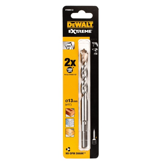 Packaging of a DEWALT Extreme drill bit, model DT6689-XJ, with a diameter of 13 mm. The packaging highlights its carbide tip, longer lifespan compared to other models, and suitability for drilling wood, masonry, and concrete. The 'No-Spin Shank' feature is also indicated.