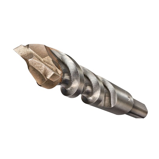 Close-up of a DEWALT DT6690 metal drill bit with spiral grooves, used for precision drilling tasks.