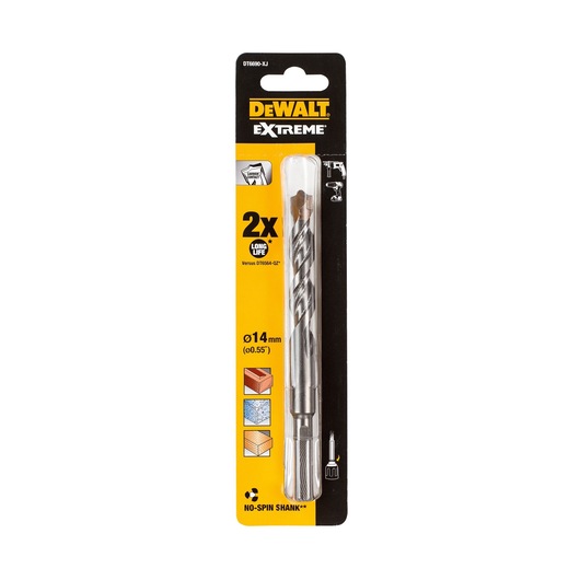 DEWALT Extreme 14mm drill bit in retail packaging, suitable for masonry, wood, and metal, SKU DT6690.