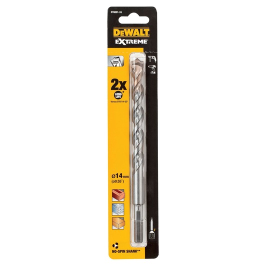 DEWALT DT6691 Extreme drill bit, 14mm diameter, in retail packaging for masonry, wood, and metal materials.