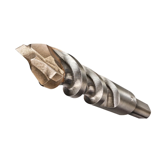 Close-up of a DEWALT spiral drill bit with a metallic finish, used for drilling into tough materials.